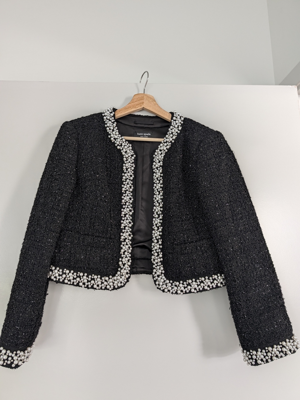kate spade Black Tweed Pearl-Embellished Cropped Blazer And Skirt Set
